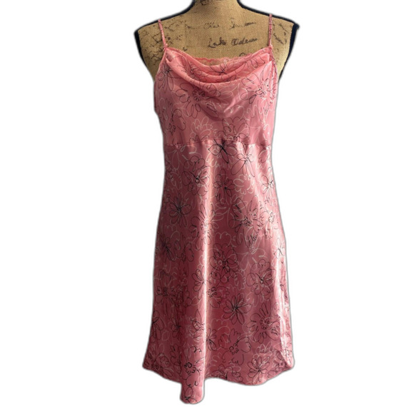 Delicates Y2K Cowl Neck Mini Slip Dress Chemise Pink Floral Satin‎ Size Medium - Picture 1 of 5
